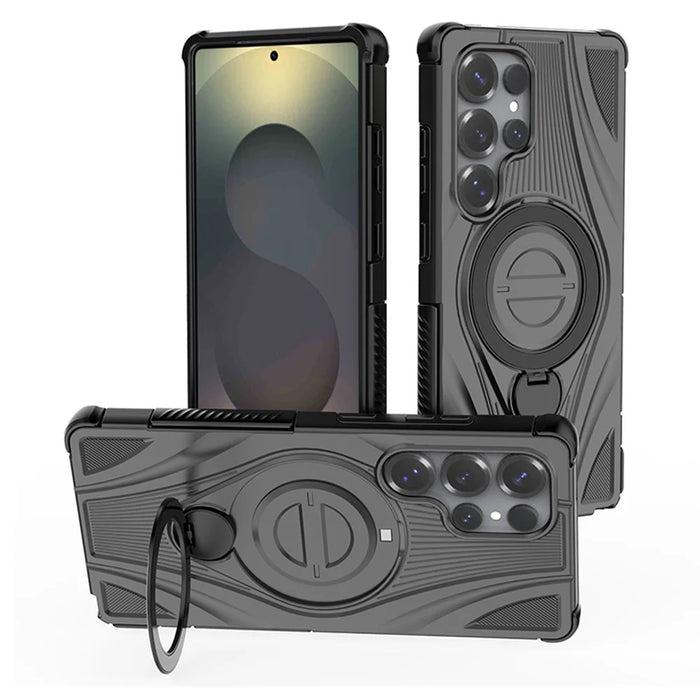 For Samsung Galaxy S25 Ultra Magnetic Case Rotating Kickstand TPU PC Shockproof Phone Back Cover - Black - 1