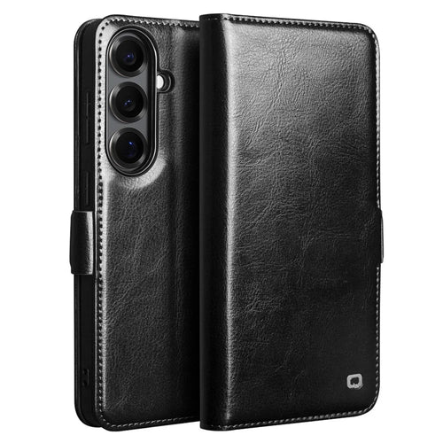 QIALINO For Samsung Galaxy S26+ Case with Card Holder Genuine Cow Leather Stand Phone Cover - Black - 1