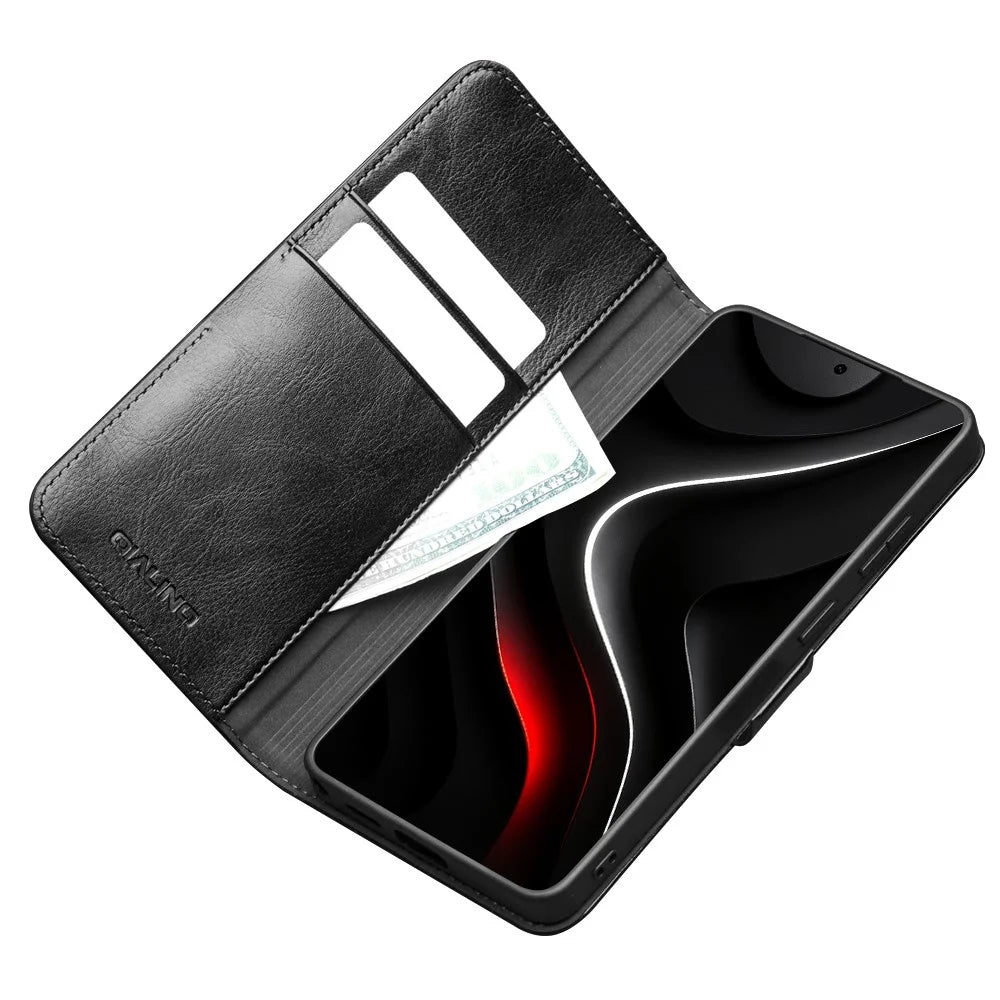 QIALINO For Samsung Galaxy S26+ Case with Card Holder Genuine Cow Leather Stand Phone Cover - Black - 3