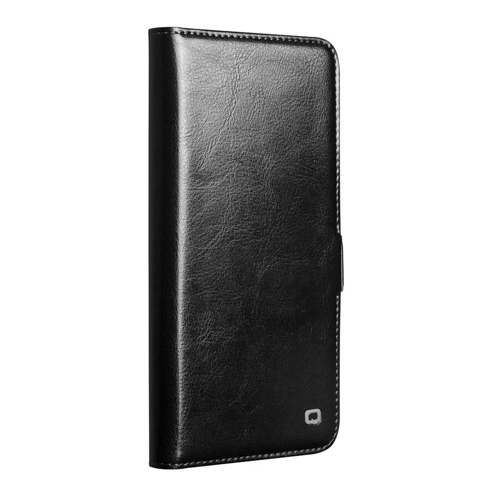 QIALINO For Samsung Galaxy S26+ Case with Card Holder Genuine Cow Leather Stand Phone Cover - Black - 5