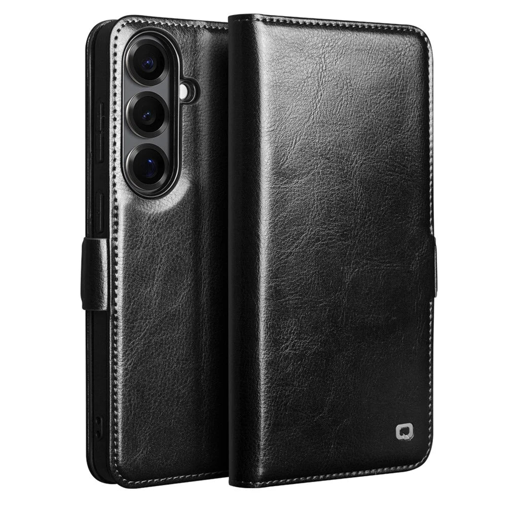 QIALINO For Samsung Galaxy S26 Case with Card Holder Genuine Cow Leather Stand Phone Cover - Black - 1