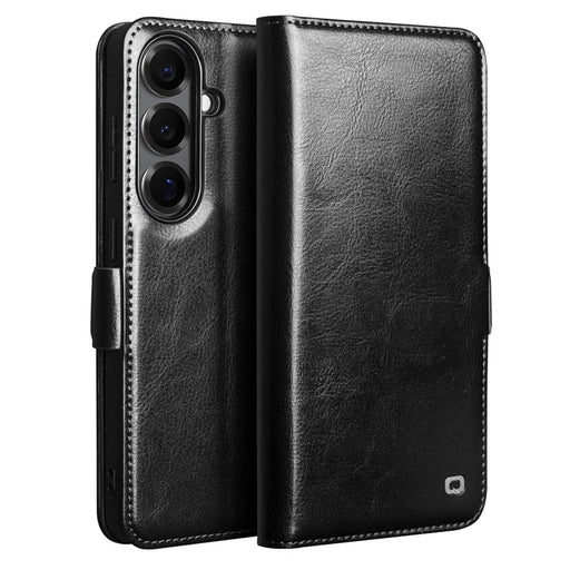 QIALINO For Samsung Galaxy S26 Case with Card Holder Genuine Cow Leather Stand Phone Cover - Black - 1