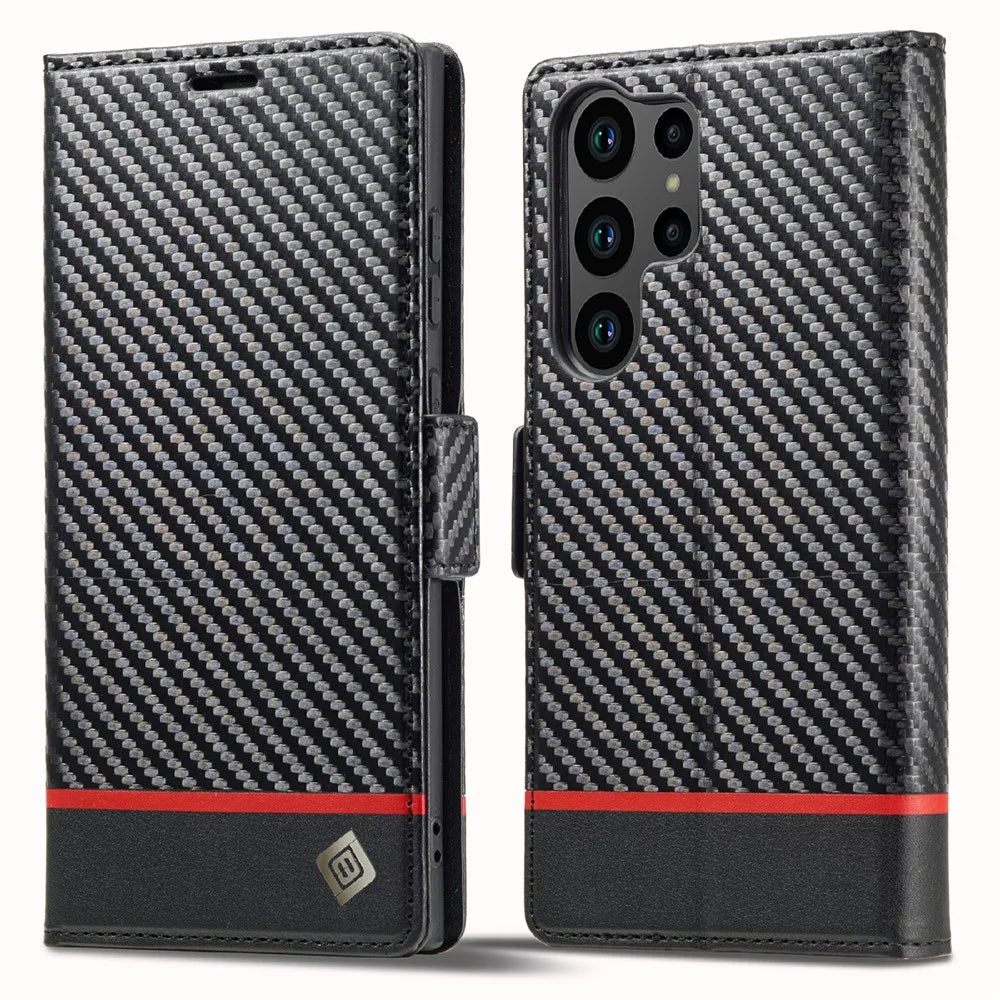 LC.IMEEKE For Samsung Galaxy S26 Ultra Wallet Case Carbon Fiber Texture Leather Phone Cover - Horizontal Stripe - 1
