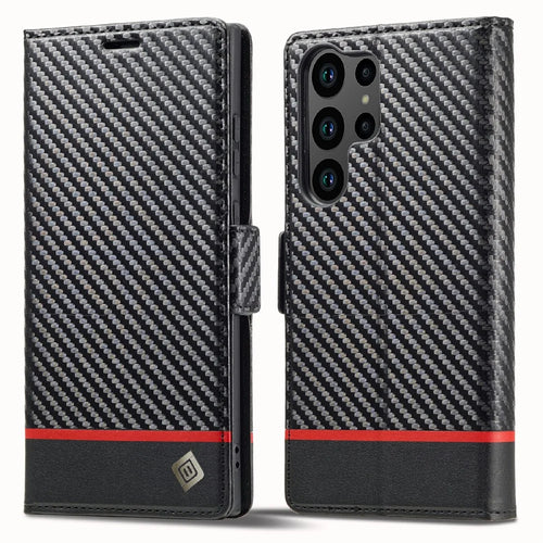 LC.IMEEKE For Samsung Galaxy S26 Ultra Wallet Case Carbon Fiber Texture Leather Phone Cover - Horizontal Stripe - 1