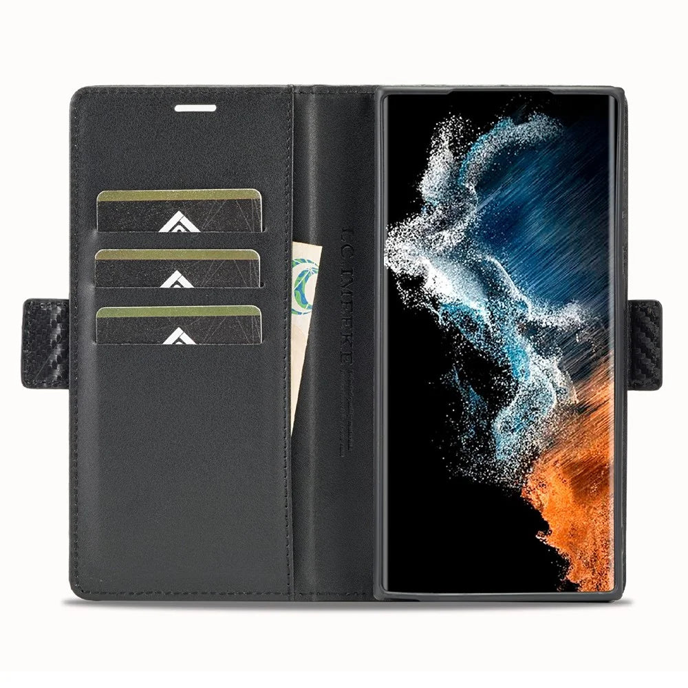 LC.IMEEKE For Samsung Galaxy S26 Ultra Wallet Case Carbon Fiber Texture Leather Phone Cover - Horizontal Stripe - 2