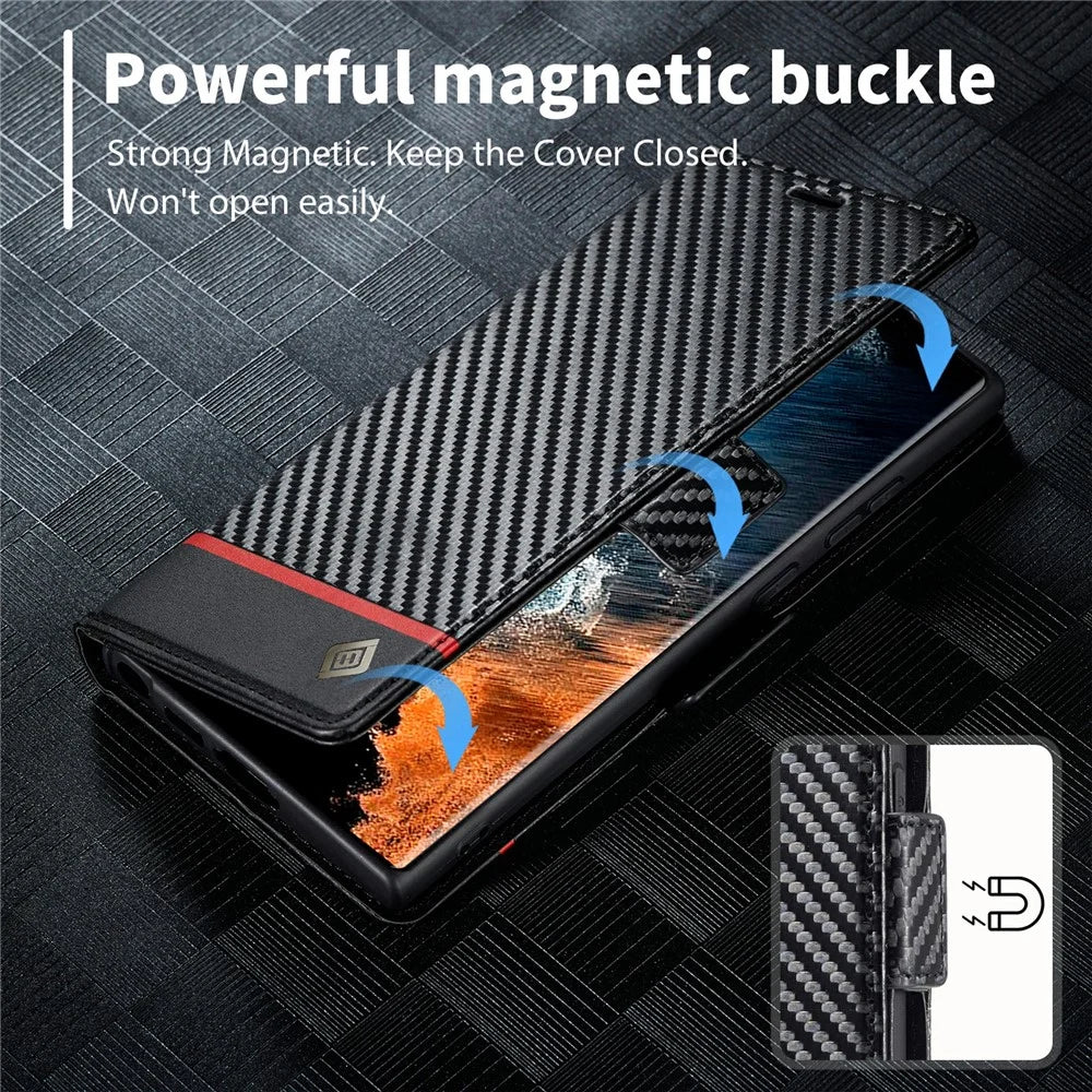 LC.IMEEKE For Samsung Galaxy S26 Ultra Wallet Case Carbon Fiber Texture Leather Phone Cover - Horizontal Stripe - 4