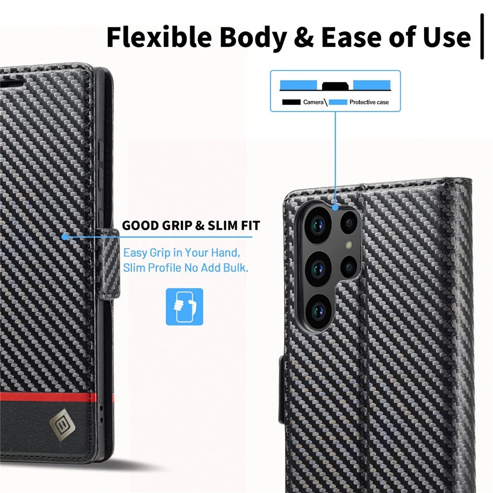 LC.IMEEKE For Samsung Galaxy S26 Ultra Wallet Case Carbon Fiber Texture Leather Phone Cover - Horizontal Stripe - 6