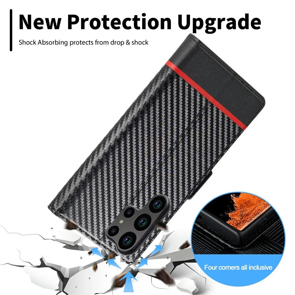 LC.IMEEKE For Samsung Galaxy S26 Ultra Wallet Case Carbon Fiber Texture Leather Phone Cover - Horizontal Stripe - 7