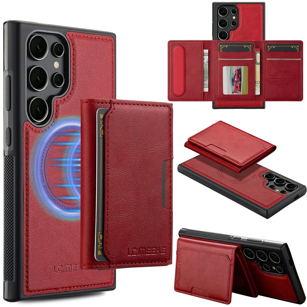 LC.IMEEKE L5 For Samsung Galaxy S26 Ultra Magnetic Phone Case Leather Back Cover with Detachable Card Holder - Red - 1
