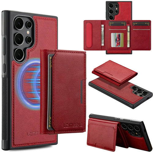 LC.IMEEKE L5 For Samsung Galaxy S26 Ultra Magnetic Phone Case Leather Back Cover with Detachable Card Holder - Red - 1
