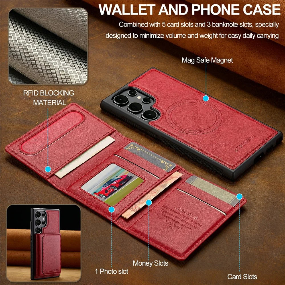 LC.IMEEKE L5 For Samsung Galaxy S26 Ultra Magnetic Phone Case Leather Back Cover with Detachable Card Holder - Red - 4