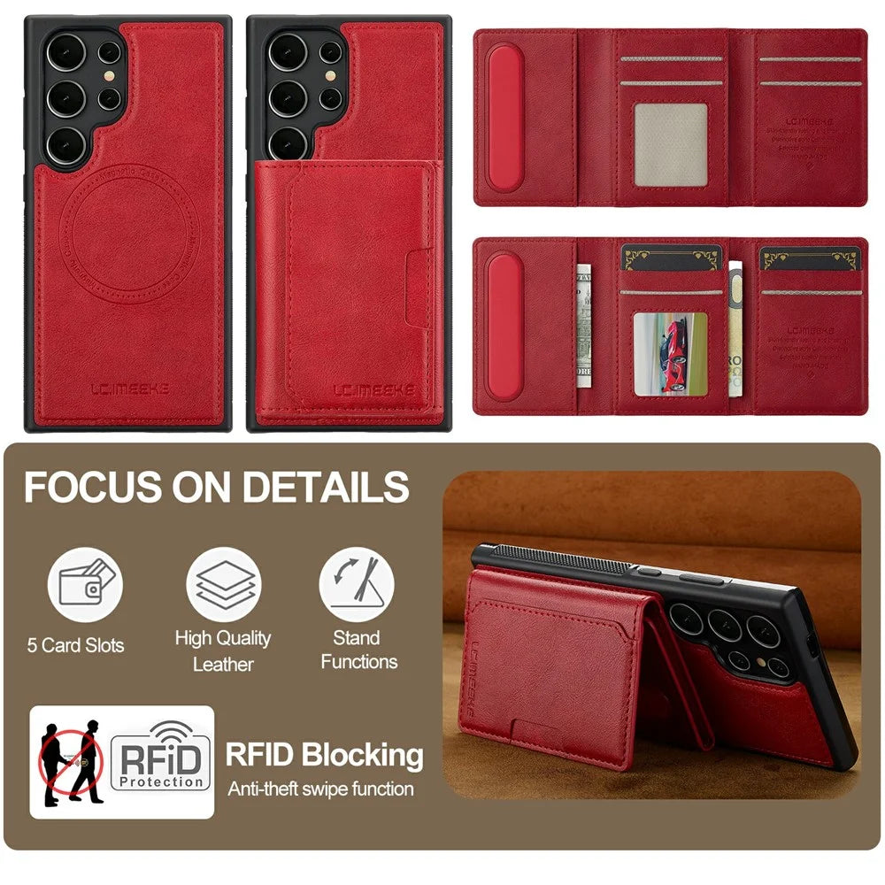 LC.IMEEKE L5 For Samsung Galaxy S26 Ultra Magnetic Phone Case Leather Back Cover with Detachable Card Holder - Red - 6