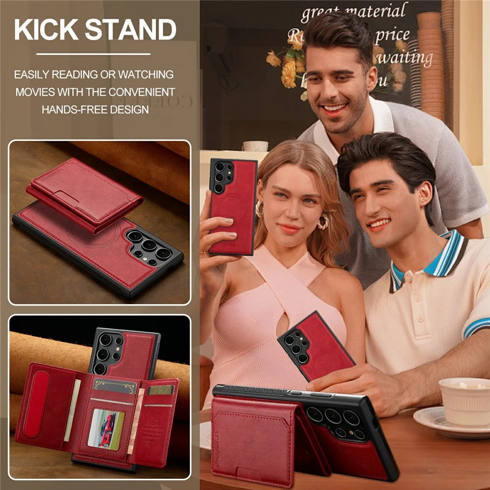 LC.IMEEKE L5 For Samsung Galaxy S26 Ultra Magnetic Phone Case Leather Back Cover with Detachable Card Holder - Red - 7