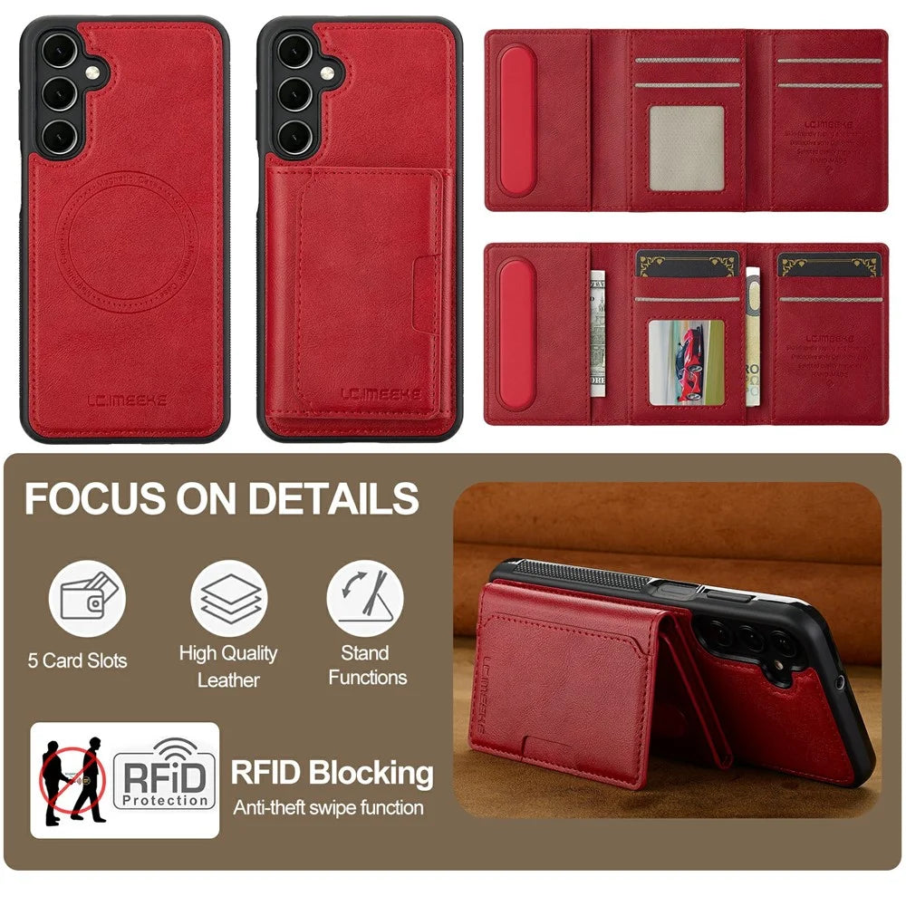 LC.IMEEKE L5 For Samsung Galaxy A57 5G Magnetic Phone Case Leather Back Cover with Detachable Card Holder - Red - 6
