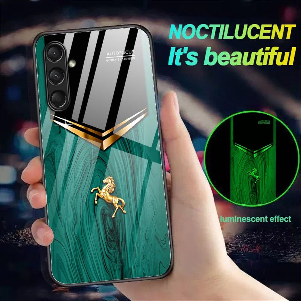 For Samsung Galaxy A26 5G Luminous Case Pattern Print Night Glow TPU + PC + Tempered Glass Phone Back Cover - Emerald Gold Horse - 2
