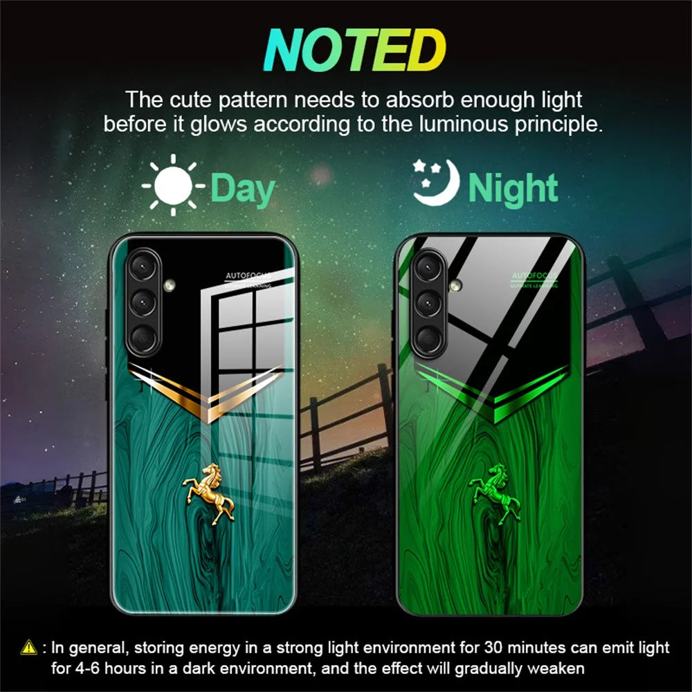 For Samsung Galaxy A26 5G Luminous Case Pattern Print Night Glow TPU + PC + Tempered Glass Phone Back Cover - Emerald Gold Horse - 3