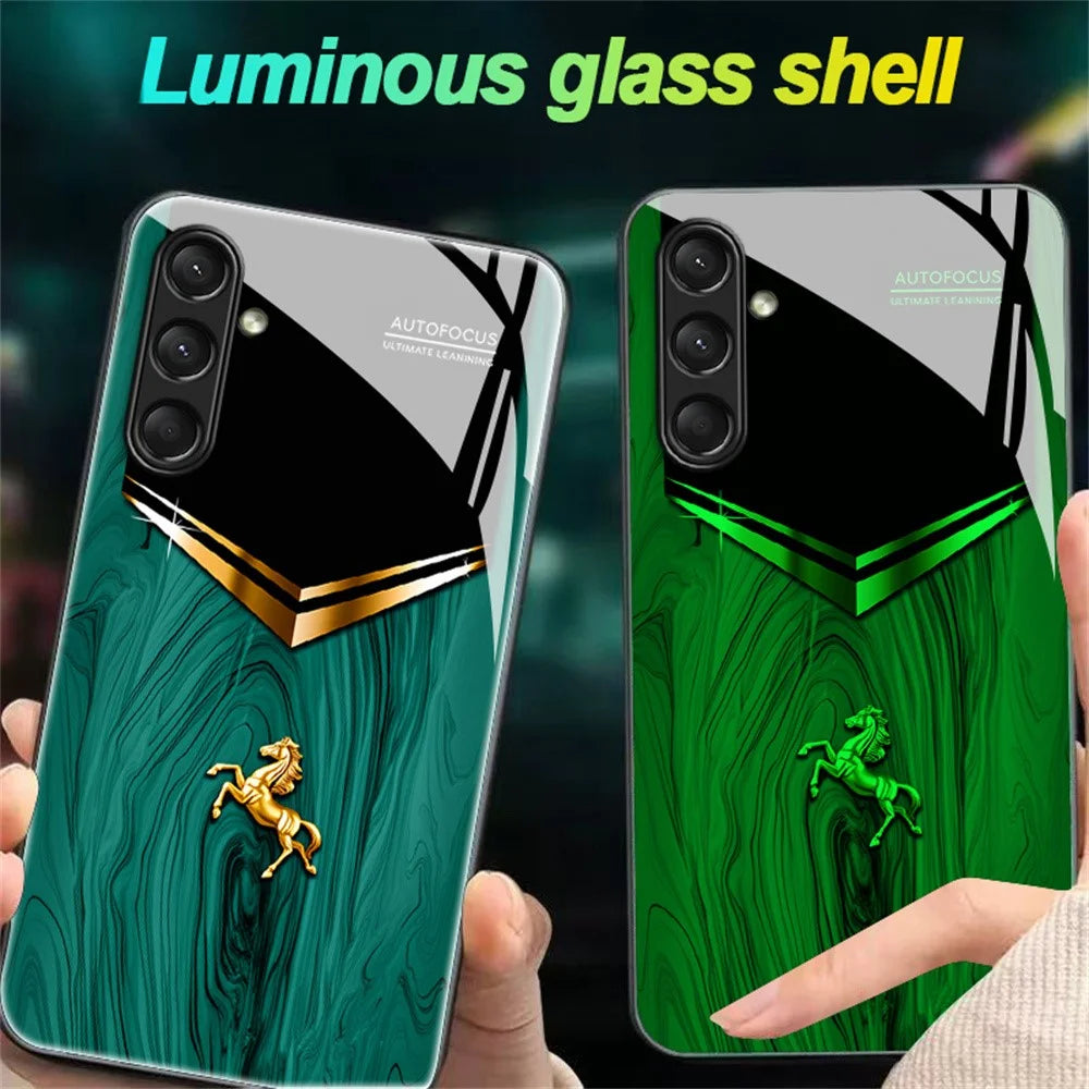 For Samsung Galaxy A26 5G Luminous Case Pattern Print Night Glow TPU + PC + Tempered Glass Phone Back Cover - Emerald Gold Horse - 4