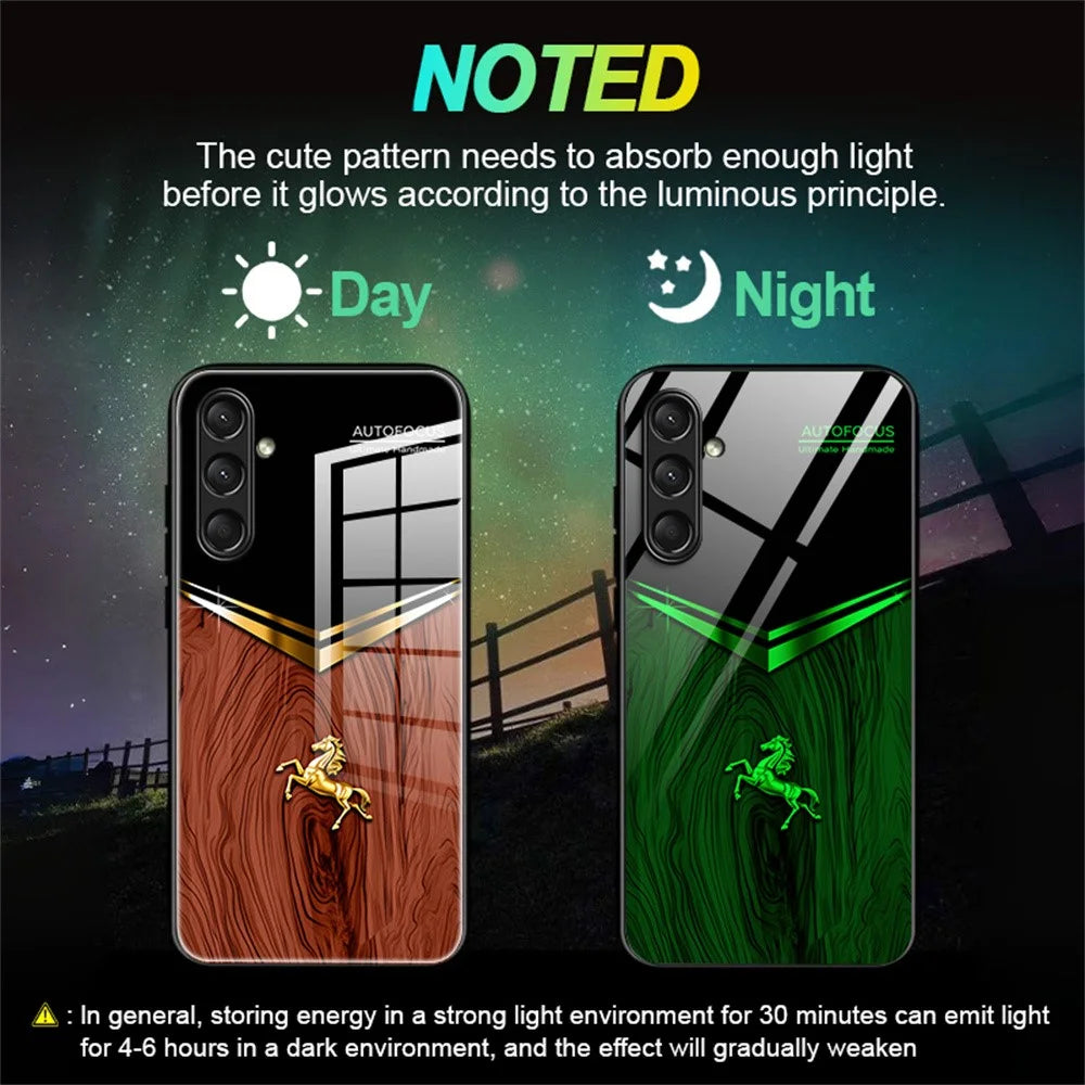For Samsung Galaxy A36 5G Luminous Case Pattern Print Night Glow TPU + PC + Tempered Glass Phone Back Cover - Wood Texture Golden Horse - 2