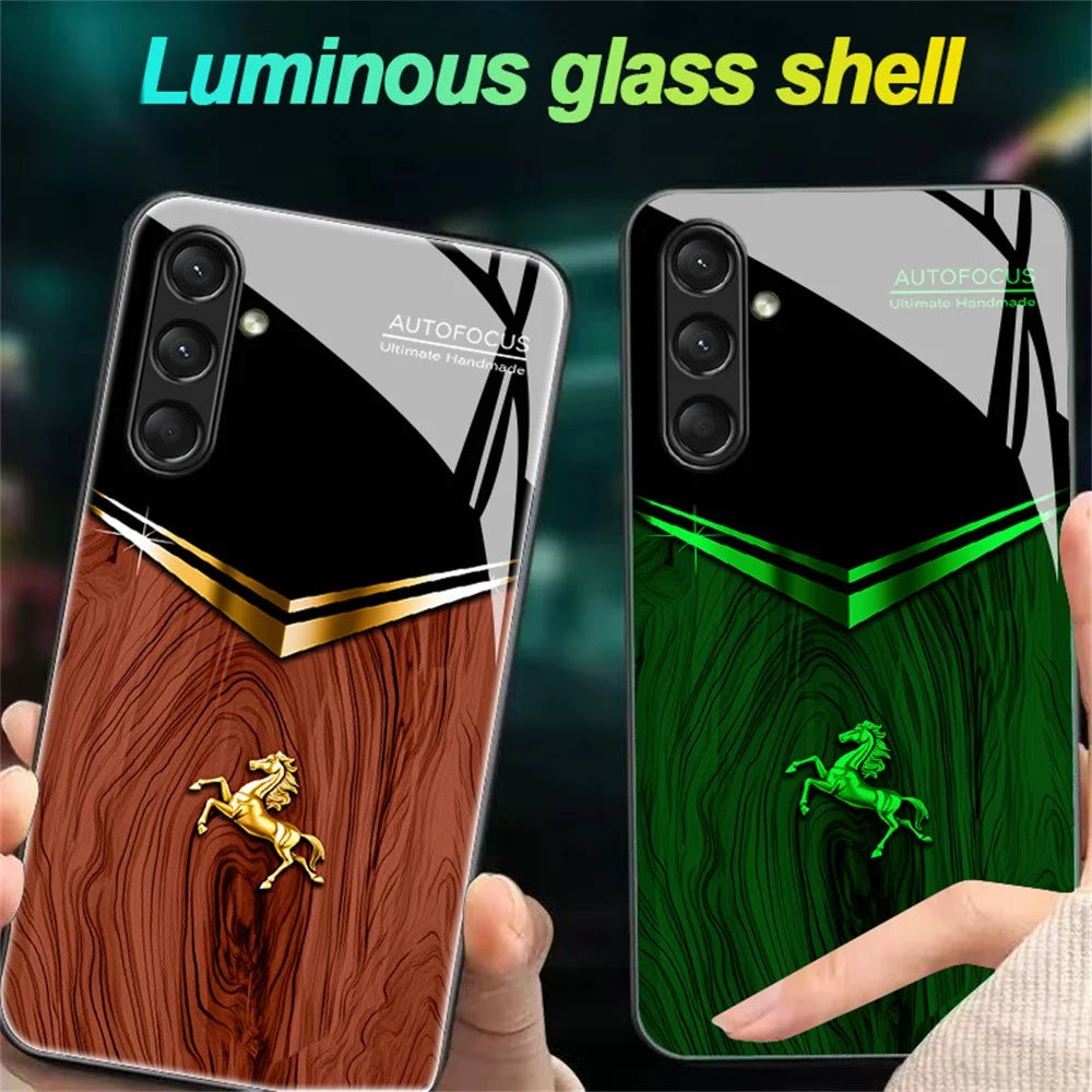 For Samsung Galaxy A36 5G Luminous Case Pattern Print Night Glow TPU + PC + Tempered Glass Phone Back Cover - Wood Texture Golden Horse - 4