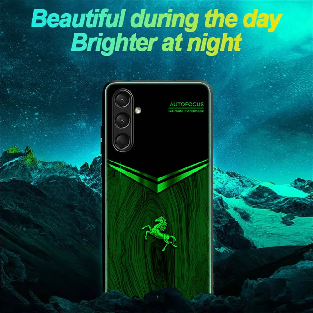 For Samsung Galaxy A36 5G Luminous Case Pattern Print Night Glow TPU + PC + Tempered Glass Phone Back Cover - Wood Texture Golden Horse - 5