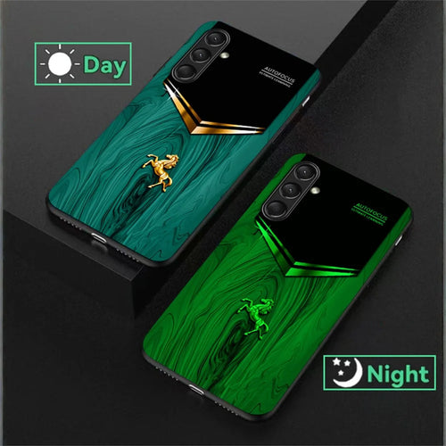 For Samsung Galaxy A56 5G Luminous Case Pattern Print Night Glow TPU + PC + Tempered Glass Phone Back Cover - Emerald Gold Horse - 1