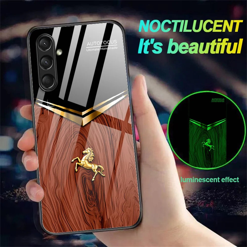 For Samsung Galaxy A16 5G / A16 4G Luminous Case Pattern Print Night Glow TPU + PC + Tempered Glass Phone Back Cover - Wood Texture Golden Horse - 3