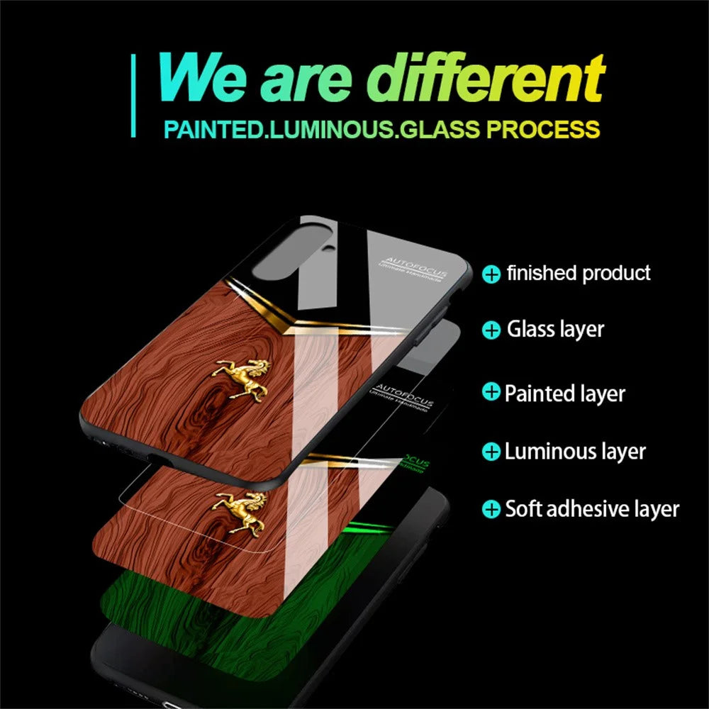For Samsung Galaxy A16 5G / A16 4G Luminous Case Pattern Print Night Glow TPU + PC + Tempered Glass Phone Back Cover - Wood Texture Golden Horse - 7