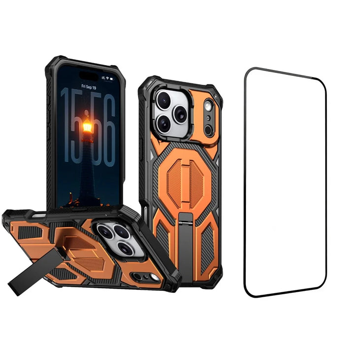 For iPhone 17 Pro Magnetic Case with High Aluminium-silicon Glass Film, TPU + PC Kickstand Phone Cover - Orange - 1
