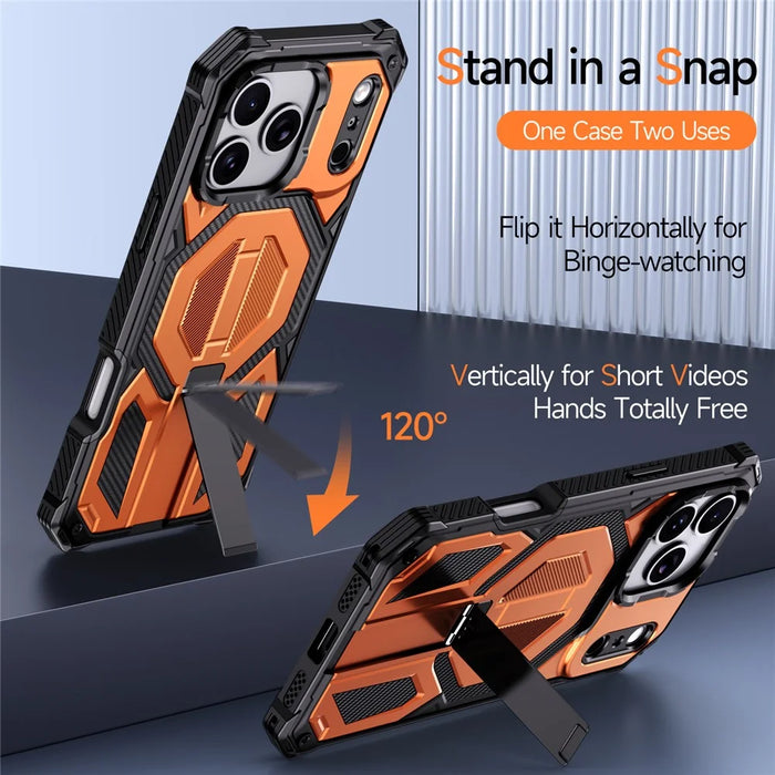 For iPhone 17 Pro Magnetic Case with High Aluminium-silicon Glass Film, TPU + PC Kickstand Phone Cover - Orange - 2
