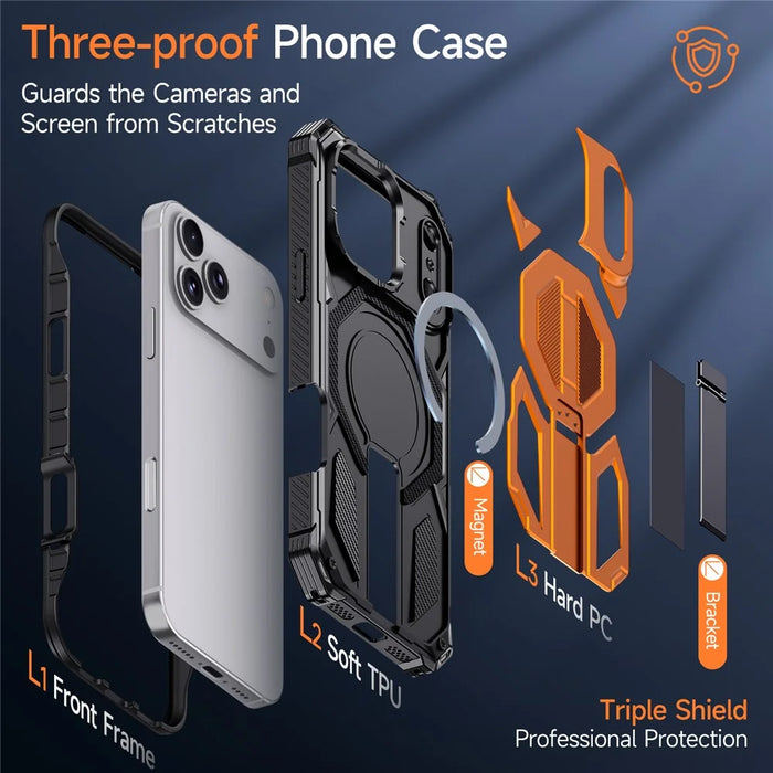 For iPhone 17 Pro Magnetic Case with High Aluminium-silicon Glass Film, TPU + PC Kickstand Phone Cover - Orange - 5
