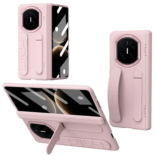 For Huawei Mate X7 Case Kickstand Wristband PC Phone Cover with Tempered Glass Film - Pink - 1