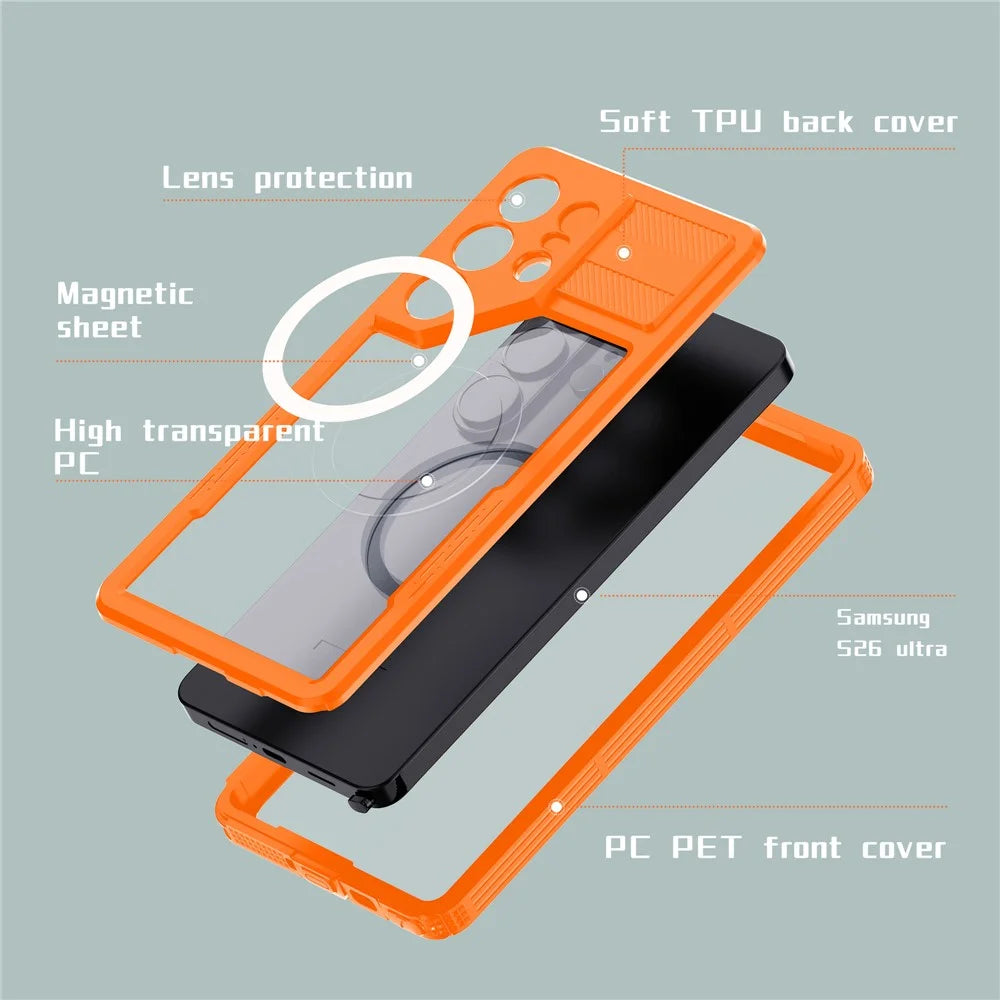 REDPEPPER For Samsung Galaxy S26 Ultra IP68 Waterproof Case Clear Magnetic Phone Cover - Orange - 7