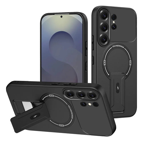 For Samsung Galaxy S26 Ultra Case Skin Touch Kickstand PC + TPU Phone Cover Support Magnetic Car Mount - Black - 1