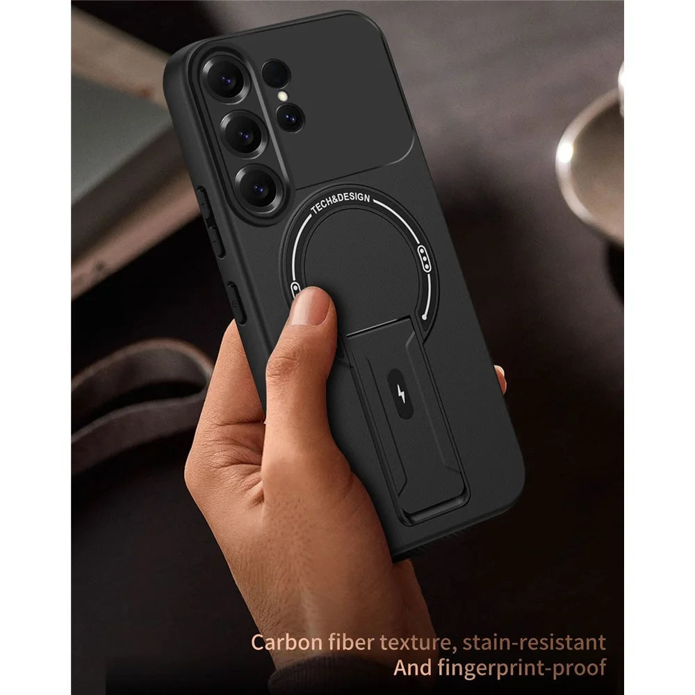 For Samsung Galaxy S26 Ultra Case Skin Touch Kickstand PC + TPU Phone Cover Support Magnetic Car Mount - Black - 6