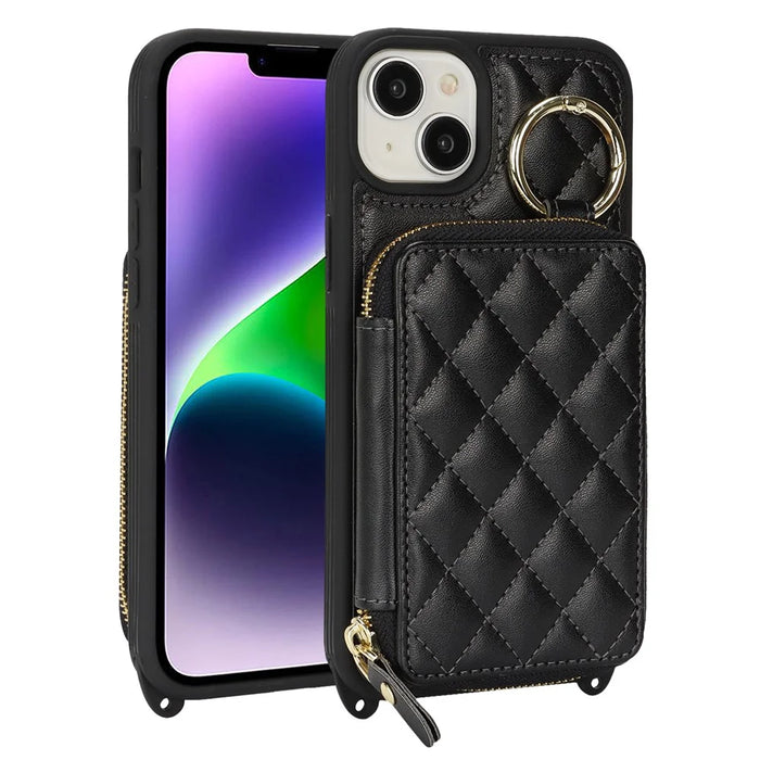 For iPhone 14 Plus Case Ring Holder Zipper Pocket Kickstand Leather Back Phone Cover with Shoulder Strap - Black - 1