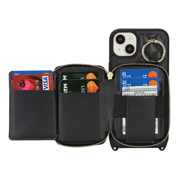 For iPhone 14 Plus Case Ring Holder Zipper Pocket Kickstand Leather Back Phone Cover with Shoulder Strap - Black - 4
