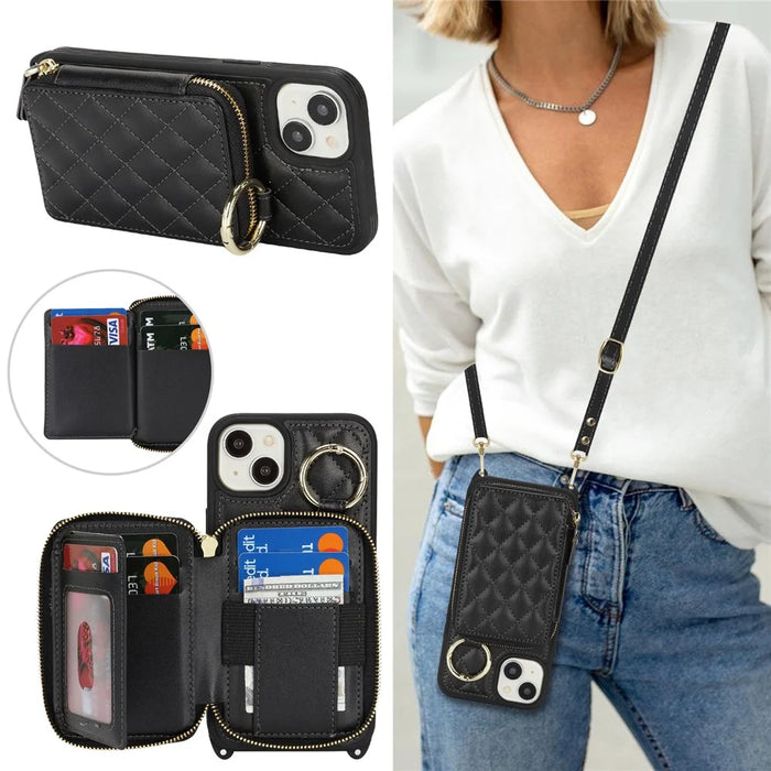 For iPhone 14 Plus Case Ring Holder Zipper Pocket Kickstand Leather Back Phone Cover with Shoulder Strap - Black - 5