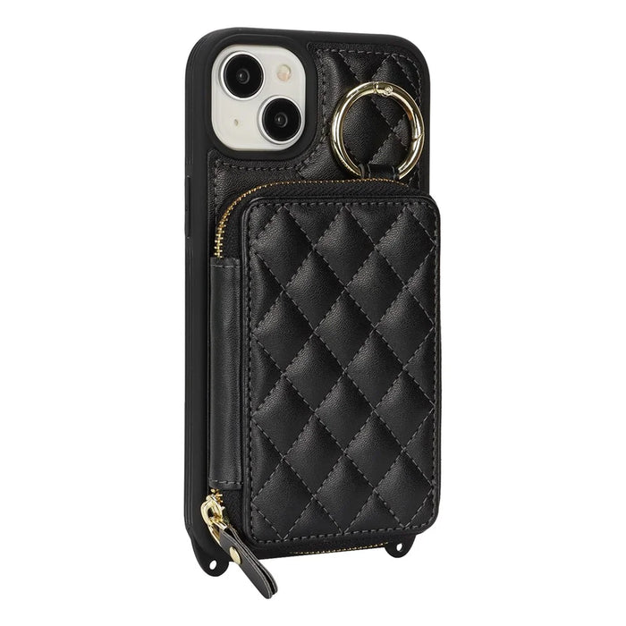 For iPhone 14 Plus Case Ring Holder Zipper Pocket Kickstand Leather Back Phone Cover with Shoulder Strap - Black - 7