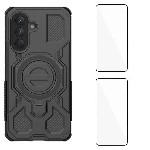 WANLONFENG For Samsung Galaxy A57 5G Case Kickstand with 2Pcs Screen Film  KJ Series PC TPU Phone Cover (Big Lens Hole) - Black - 1