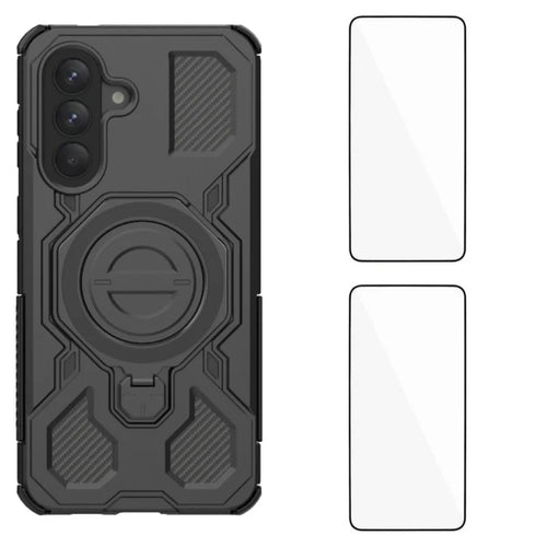 WANLONFENG For Samsung Galaxy A37 5G Case Kickstand with 2Pcs Screen Film  KJ Series PC TPU Phone Cover (Big Lens Hole) - Black - 1