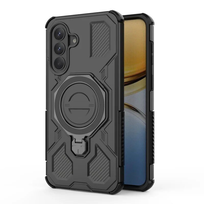 WANLONFENG For Samsung Galaxy A37 5G Case Kickstand with 2Pcs Screen Film  KJ Series PC TPU Phone Cover (Big Lens Hole) - Black - 2