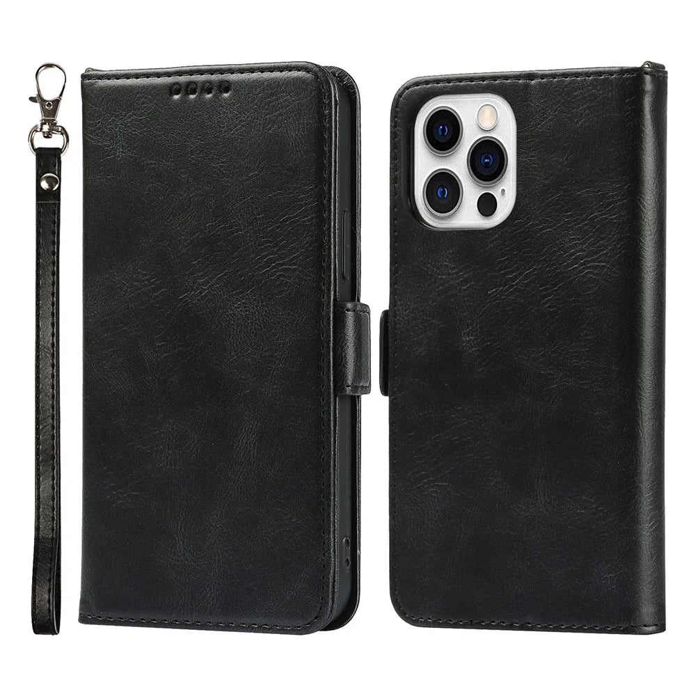 For iPhone 14 Pro Max Anti-scratch Phone Case Retro Wallet Stand Magnetic Clasp Drop Proof Flip Leather Phone Cover with Strap - Black - 1