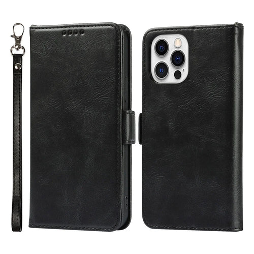 For iPhone 14 Pro Max Anti-scratch Phone Case Retro Wallet Stand Magnetic Clasp Drop Proof Flip Leather Phone Cover with Strap - Black - 1