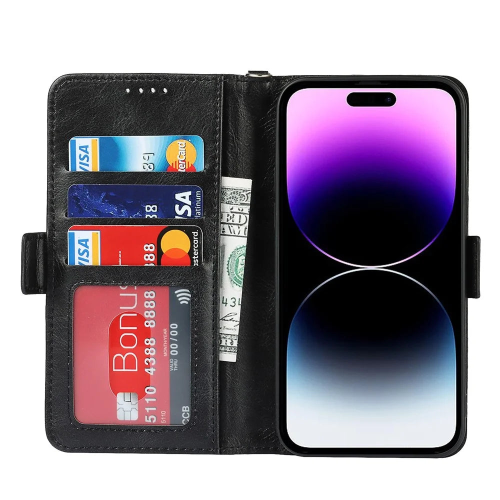 For iPhone 14 Pro Max Anti-scratch Phone Case Retro Wallet Stand Magnetic Clasp Drop Proof Flip Leather Phone Cover with Strap - Black - 2
