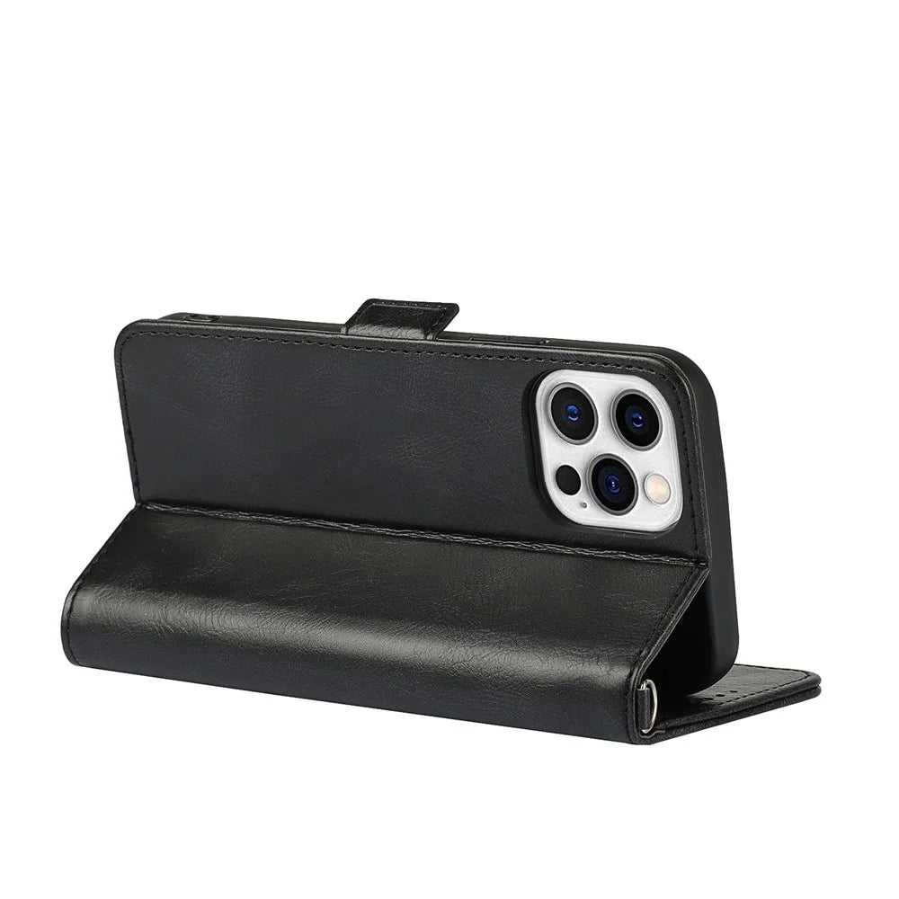 For iPhone 14 Pro Max Anti-scratch Phone Case Retro Wallet Stand Magnetic Clasp Drop Proof Flip Leather Phone Cover with Strap - Black - 4