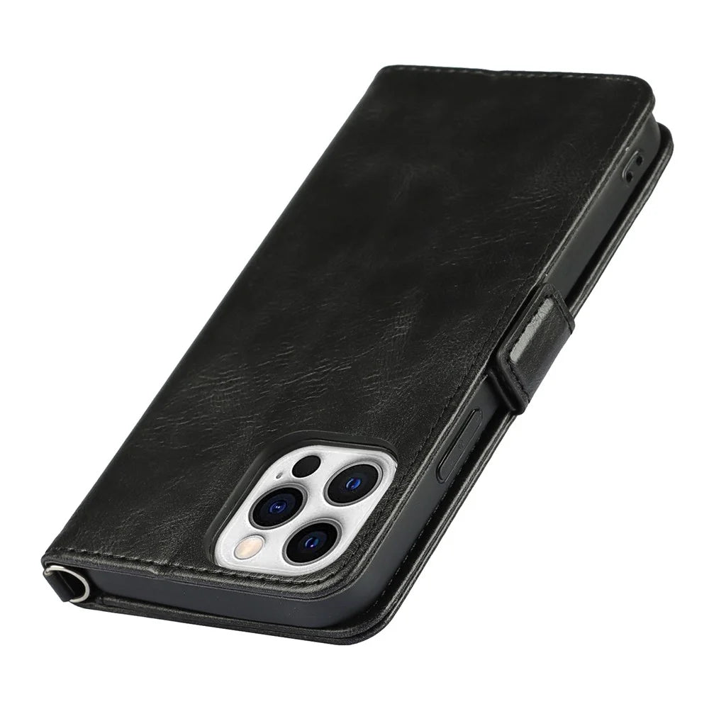 For iPhone 14 Pro Max Anti-scratch Phone Case Retro Wallet Stand Magnetic Clasp Drop Proof Flip Leather Phone Cover with Strap - Black - 6