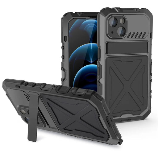 R-JUST Phone Case Kickstand For iPhone 14  Silicone + Metal Phone Cover with Tempered Glass Screen Protector - Black - 1