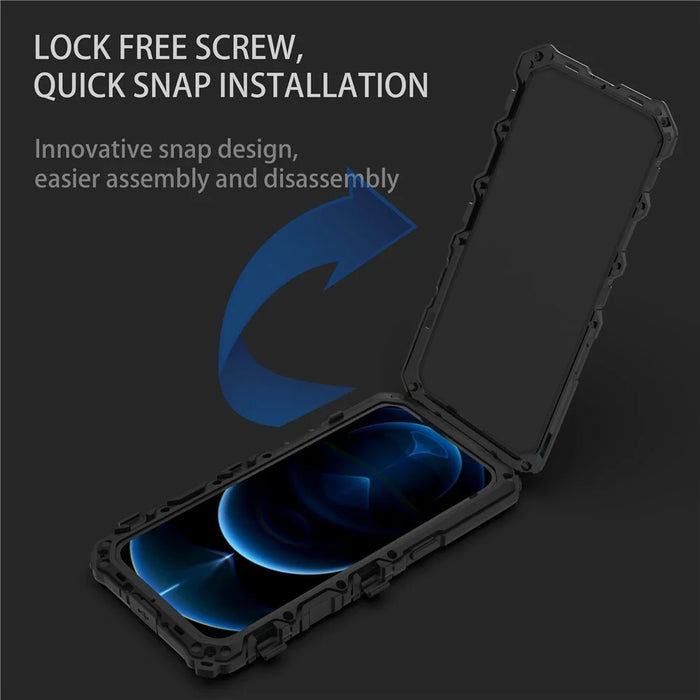R-JUST Phone Case Kickstand For iPhone 14  Silicone + Metal Phone Cover with Tempered Glass Screen Protector - Black - 3