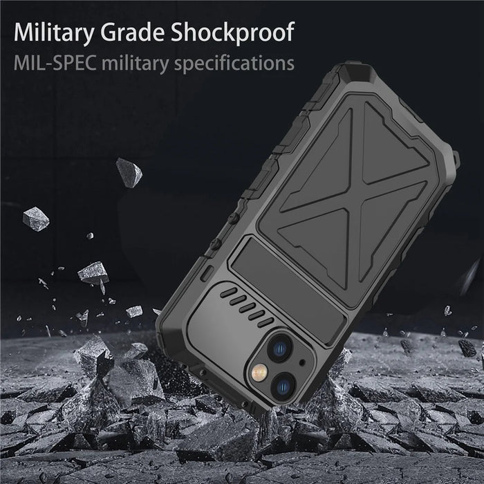 R-JUST Phone Case Kickstand For iPhone 14  Silicone + Metal Phone Cover with Tempered Glass Screen Protector - Black - 5