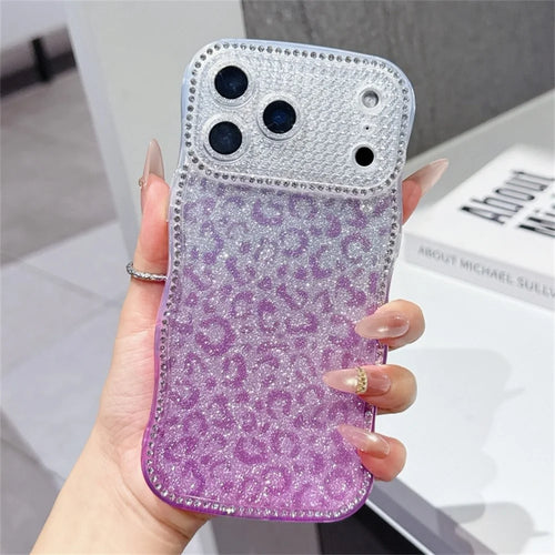 For iPhone 17 Pro Max Case Rhinestone Decor Wave Frame TPU Phone Cover with Leopard Print Glitter Card - Gradient Purple - 1